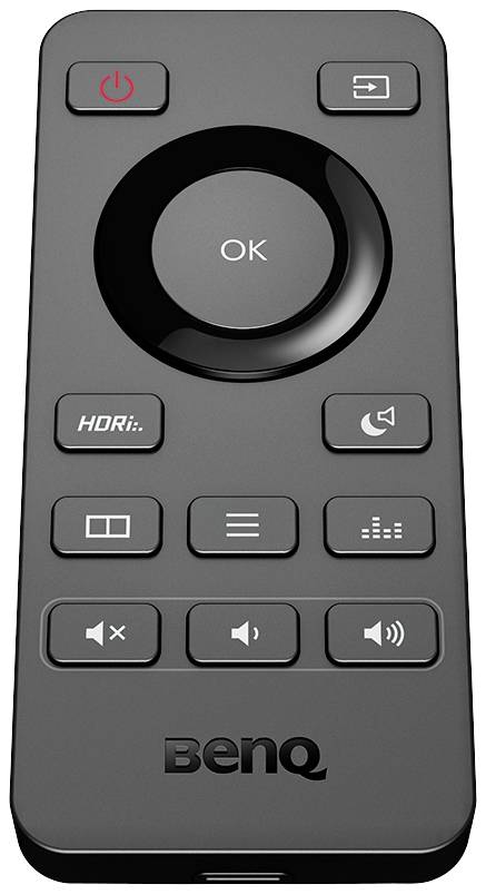 Eine schwarze Fernbedienung mit Tasten für 'Power', 'HDRi', 'Ok', Lautstärke und Wiedergabesteuerung. Markiert mit 'BenQ'.