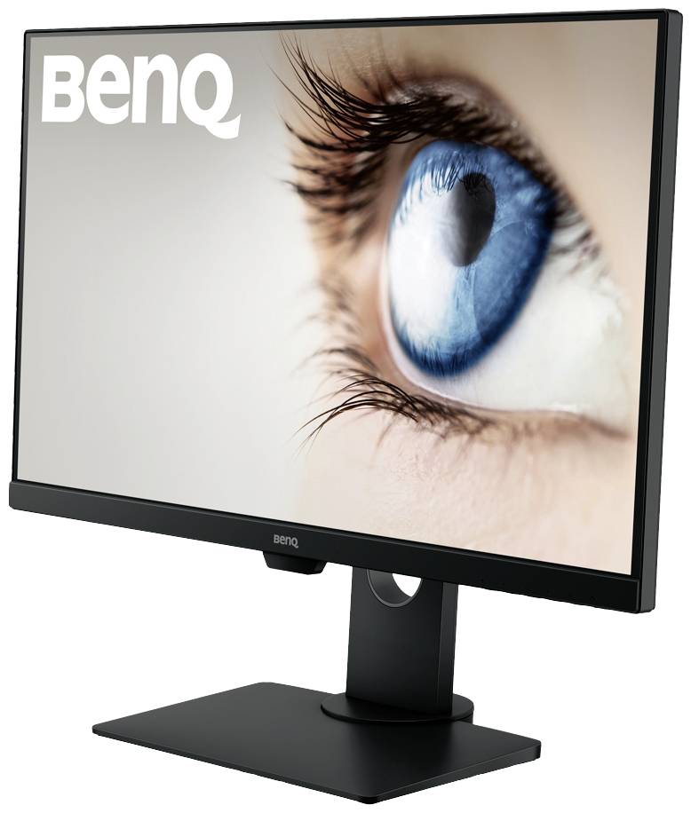 Ein Monitor der Marke BenQ mit einem Bild eines blauen Auges auf dem Bildschirm. Elegant gestalteter, flacher Rahmen und schlichter Standfuß.