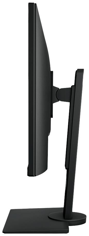 Ein schwarzer Computerbildschirm von der Seite, zeigt ein schlankes Design mit einem stabilen Standfuß.