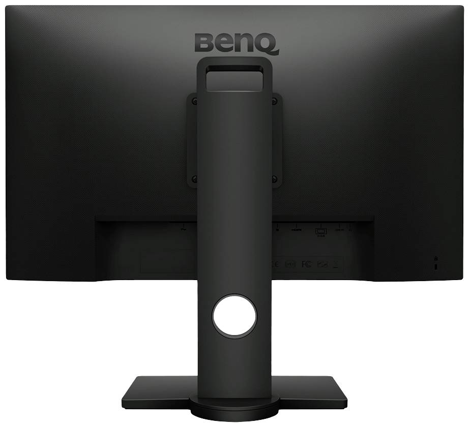 Ein schwarzer BenQ-Monitor von hinten. Der Standfuß hat ein rundes Kabelmanagement-Öffnung.