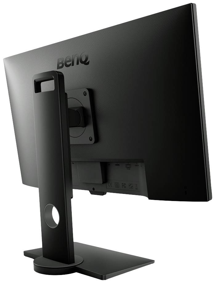 Rückansicht eines schwarzen Computerbildschirms auf einem Ständer mit rechteckiger Basis. Marke 'BenQ' auf der Rückseite sichtbar.