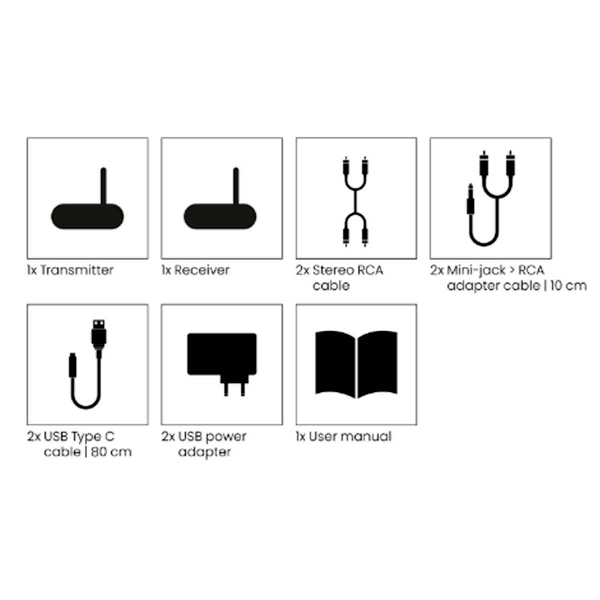 'Enthaltene Teile: 1x Sender, 1x Empfänger, 2x Stereo-RCA-Kabel, 2x Mini-Klinke auf RCA-Adapterkabel (10 cm), 2x USB Typ-C-Kabel (80 cm), 2x USB-Netzadapter, 1x Benutzerhandbuch.'