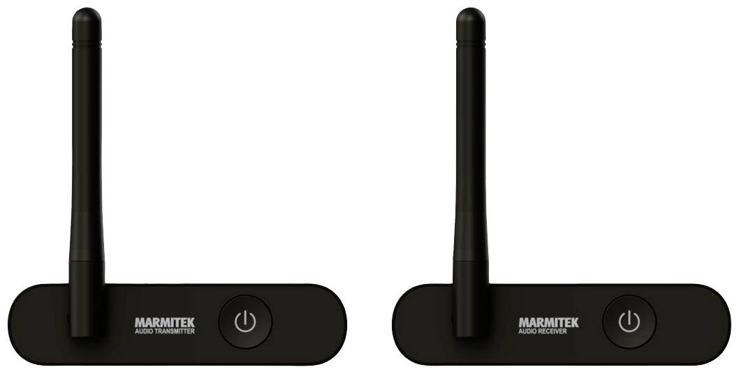 Zwei schwarze Geräte mit Antennen und Ein-/Aus-Schaltern, bezeichnet als 'Marmitek Audio Transmitter' und 'Marmitek Audio Receiver'.