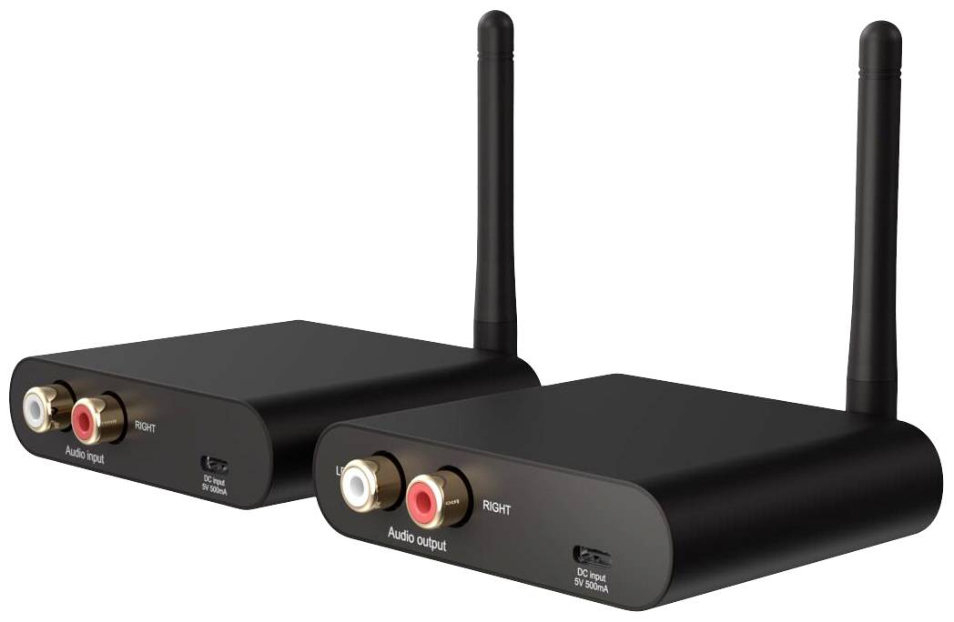 Zwei kabellose Audio-Transmitter mit Antennen und Audiobuchsen zur Übertragung von Ton, nebeneinander aufgestellt.