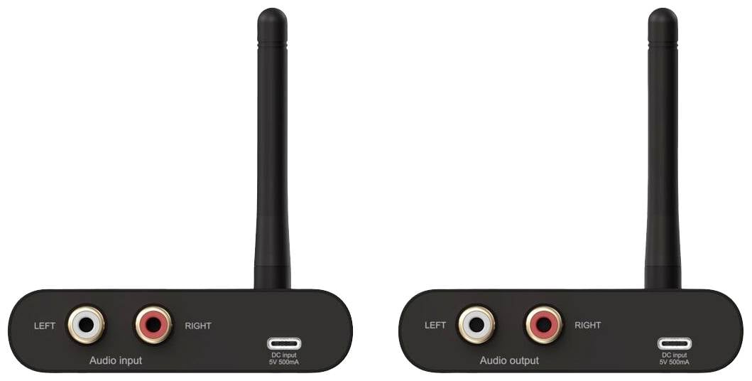 Zwei schwarze Audiogeräte mit Antennen, jeweils mit Audioeingang und -ausgang sowie Steckplätzen für linke und rechte Kanäle.