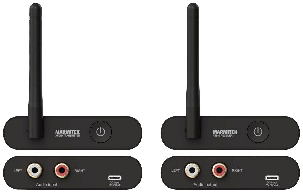 Zwei drahtlose Audiogeräte mit Antennen. Links 'Audio Transmitter', rechts 'Audio Receiver'. Beide mit Audioeingängen und -ausgängen.