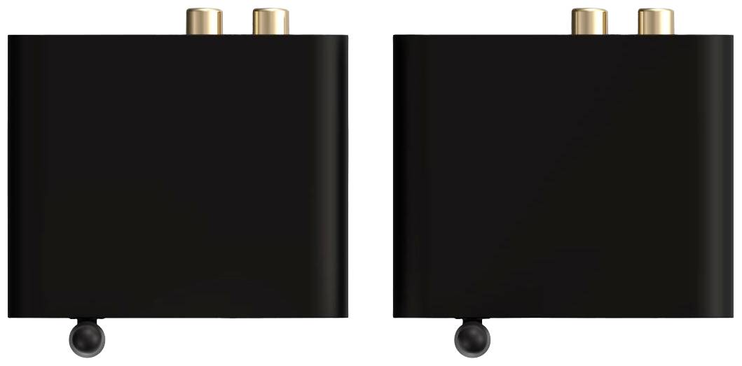 Zwei schwarze, rechteckige elektronische Geräte mit je zwei goldenen Anschlüssen oben und einem runden schwarzen Schalter unten.