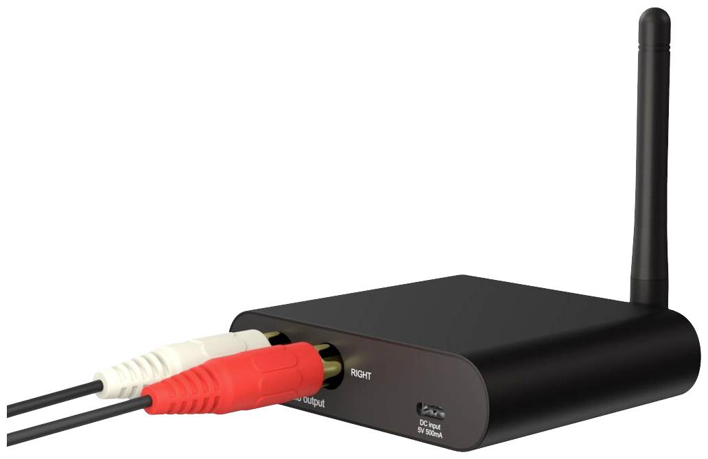 Ein schwarzer Bluetooth-Empfänger mit Antenne. Zwei Audiokabel, eines rot und eines weiß, sind an den Audioausgang angeschlossen.