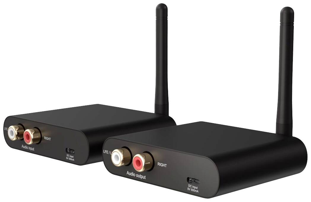 Zwei schwarze Funk-Audiotransmitter mit Antennen, jeweils mit Audioeingangs- und -ausgangsanschlüssen, nebeneinander positioniert.