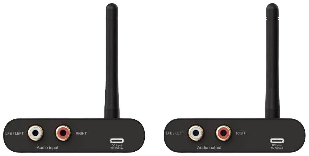 Zwei Audiogeräte mit Antennen. Links: Audioeingang mit Anschlüssen für links und rechts. Rechts: Audioausgang mit ähnlichen Anschlüssen.