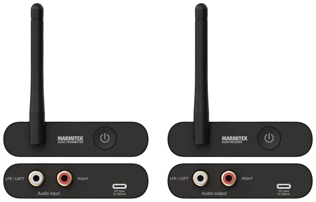 Zwei schwarze Audiotransmitter mit Antennen. Links: Audioeingänge 'L' und 'R'. Rechts: Audioausgänge 'L' und 'R'. 