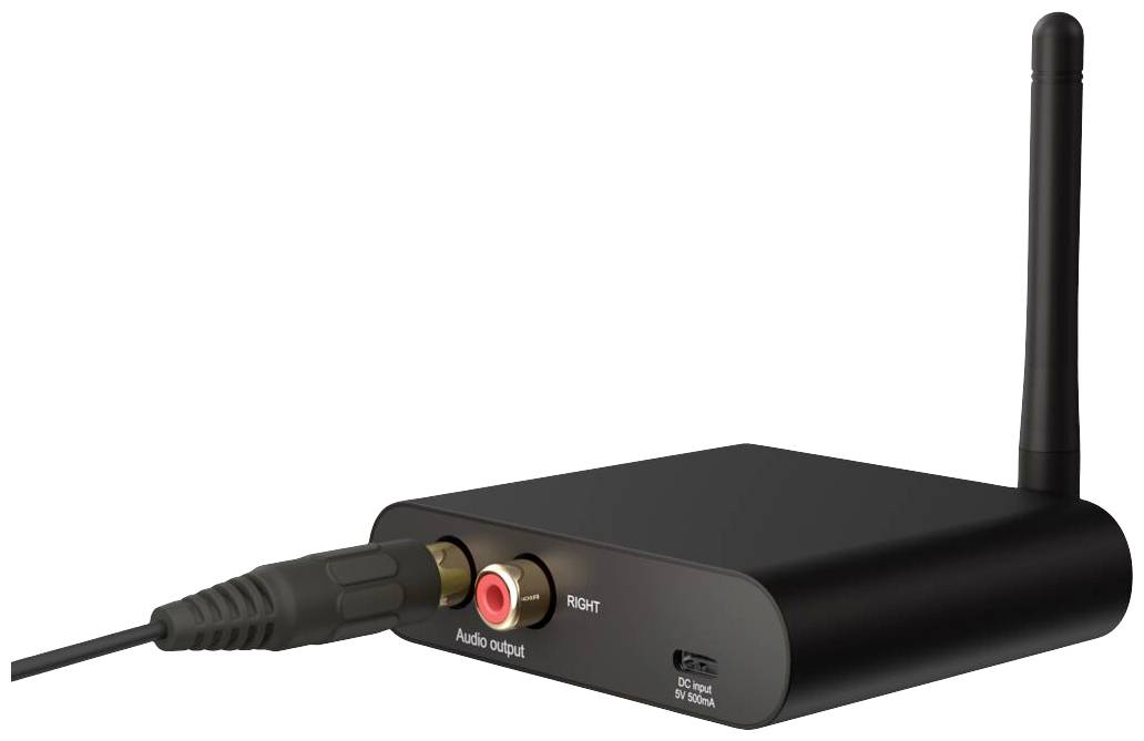 Ein kleiner, schwarzer, rechteckiger Bluetooth-Adapter mit einer Antenne und Audioausgängen. Ein Kabel ist an den Ausgängen angeschlossen.
