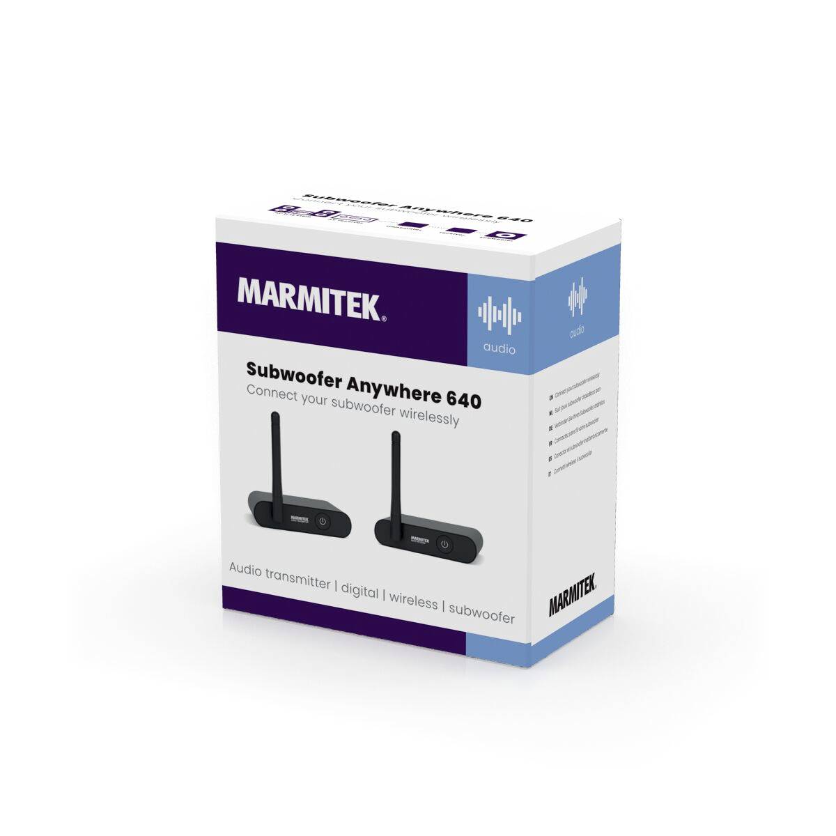 Verpackung eines Marmitek 'Subwoofer Anywhere 640', das drahtlose Audiosystem zeigt. Zwei Sender sind abgebildet.