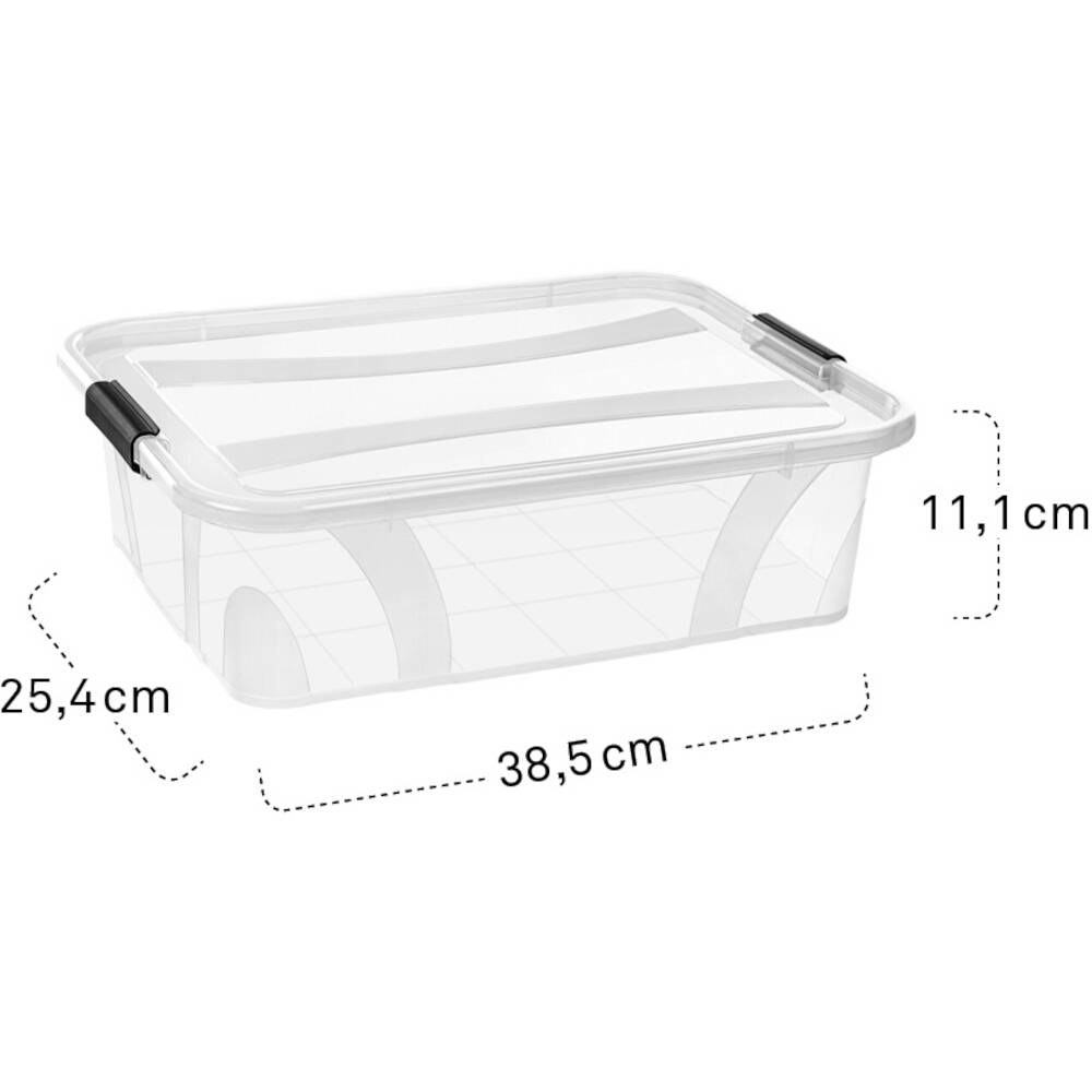 Plastik-Aufbewahrungsbox mit Deckel, durchsichtig, Abmessungen: 38,5 cm Länge, 25,4 cm Breite, 11,1 cm Höhe.
