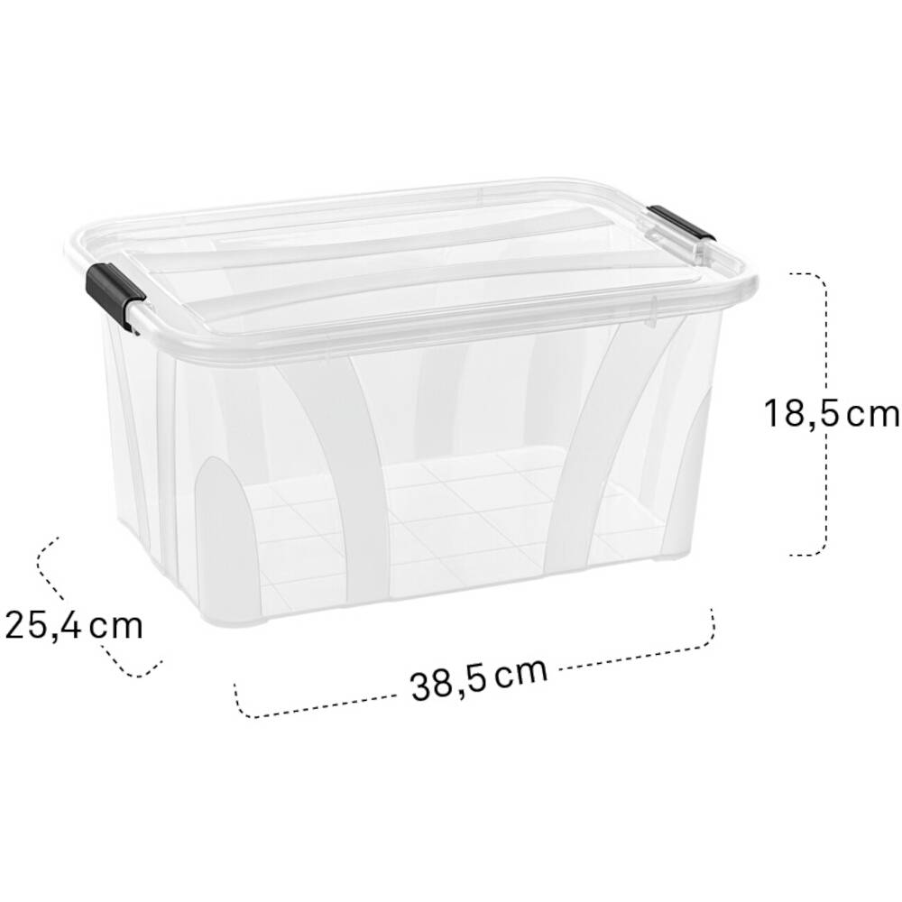 Kunststoff-Aufbewahrungsbox mit Deckel, transparent. Maße: Länge 38,5 cm, Breite 25,4 cm, Höhe 18,5 cm. Ideal zur Lagerung.