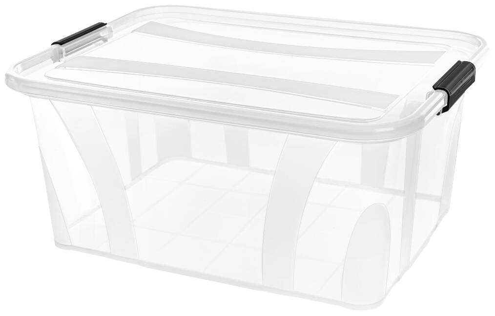 Durchsichtige, rechteckige Kunststoff-Aufbewahrungsbox mit schwarzem Griff und Deckel. Ideal zur Lagerung von Gegenständen.