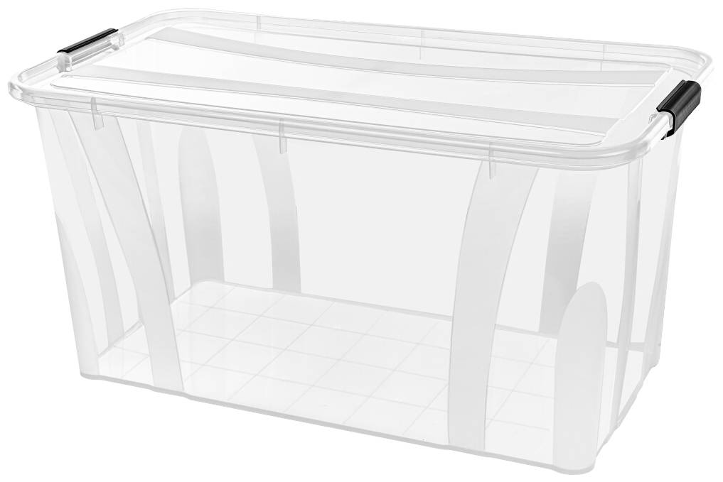 Transparente Kunststoff-Aufbewahrungsbox mit Deckel und schwarzen Griffen.