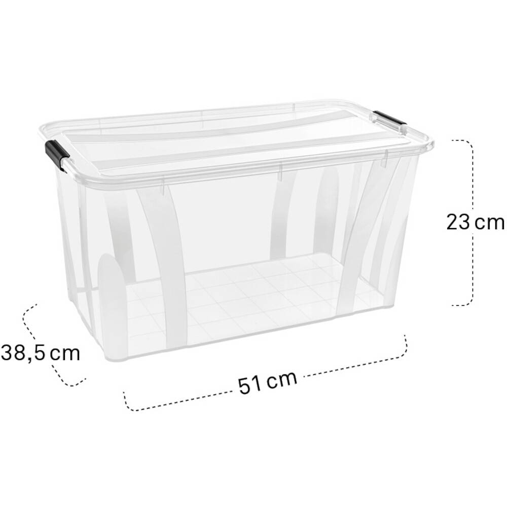 Transparente Aufbewahrungsbox mit Maßen: Länge 51 cm, Breite 38,5 cm, Höhe 23 cm. Perfekt für die ordentliche Lagerung geeignet.