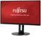 Ein Monitor von Fujitsu mit rotem Hintergrund zeigt den Schriftzug 'Fujitsu shaping tomorrow with you'.