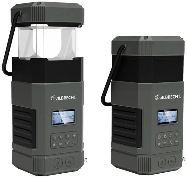 Albrecht DR114 Outdoorradio DAB+, UKW Notfallradio, USB, Bluetooth®  mit Laterne, Handkurbel, Akku-Ladefunktion, Solarpanel, wiederaufladbar, spritzwassergeschützt, stoßfest, Weckfunktion, Taschenlampe Grau, Schwarz