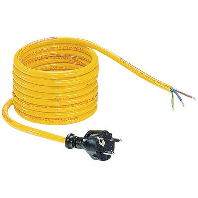 Gelbes Verlängerungskabel mit EU-Stecker, aufgewickelt. Drei abisolierte Drahtenden sind sichtbar.