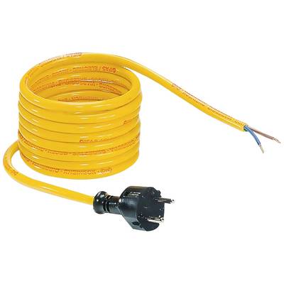 Gelbes Verlängerungskabel mit schwarzem Stecker und offenen Enden für die Verbindung. Geeignet für elektrische Installationen.