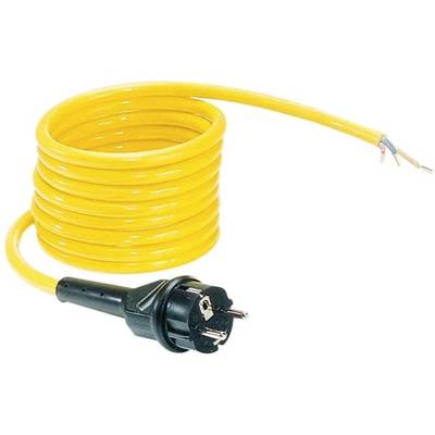 Ein gelbes, aufgerolltes Stromkabel mit einem schwarzen Stecker am Ende.