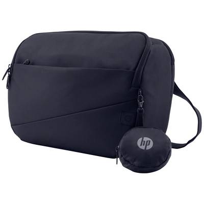Eine schwarze HP-Umhängetasche mit Reißverschluss und einem kleinen runden Beutel, ebenfalls mit HP-Logo.
