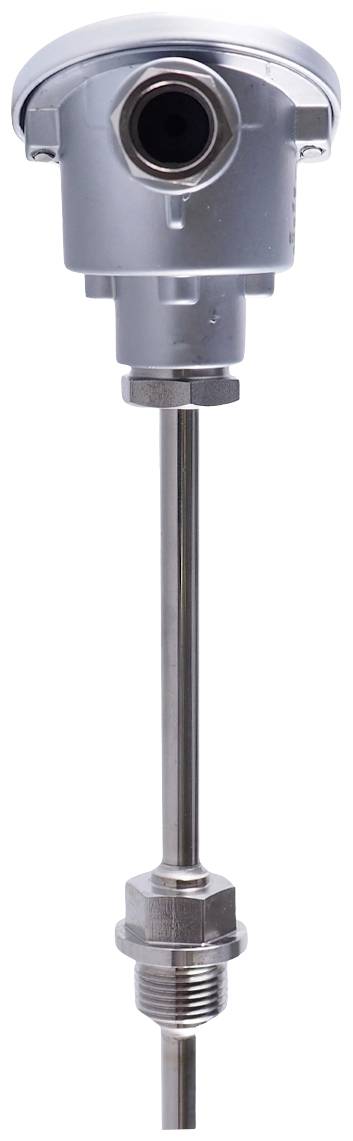 Ein industrieller Temperatursensor mit Metallgehäuse und langer Fühlerstange, geeignet für präzise Temperaturmessungen.