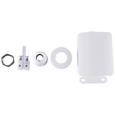 Ein Kunststoff-Kit mit Befestigungselementen und einer rechteckigen Abdeckung, möglicherweise für eine Installation oder Reparatur.