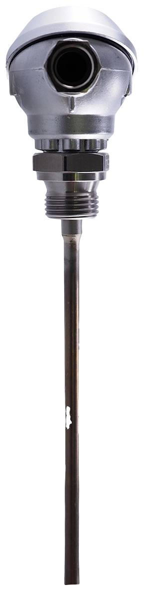 Ein Thermoelement mit Metallgehäuse und langem Fühler, verwendet zur Temperaturmessung in industriellen Anwendungen.