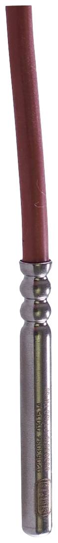 Ein rotes Kabel endet in einem silberfarbenen Metallstecker mit Rillen.