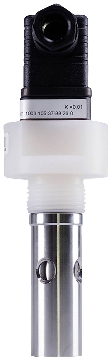 Sensorelement mit zylindrischem Gehäuse und schwarzem Anschluss. Wird zur Messung von elektrischen Parametern in Rohrsystemen verwendet.