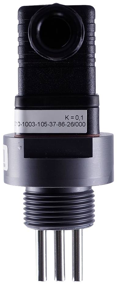 Drucksensor mit schwarzem Kopf und silbernem Gewinde, geeignet für industrielle Anwendungen. Aufschrift 'K=0,1' sichtbar.