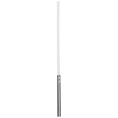 Metallischer Stab mit weißem, schmalem Leuchtschirm; minimalistische Taschenlampe oder Stablampe.