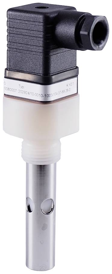 Ein zylindrischer Sensor mit schwarzem Anschlussgehäuse und zwei Löchern im Metallstab, verwendet zur Flüssigkeitsüberwachung in industriellen Anwendungen.