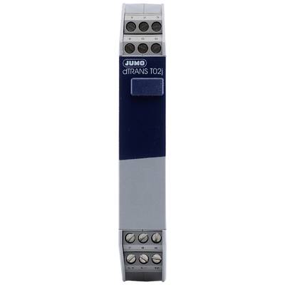 Temperaturtransmitter 'JUMO dTRANS T02j' mit grauer und blauer Frontansicht, Schraubklemmen oben und unten für elektrische Anschlüsse.