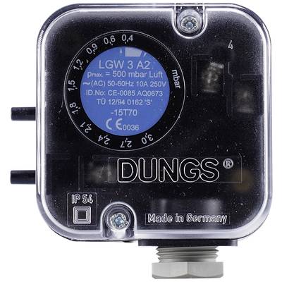 'Druckschalter Dungs LGW 3 A2', maximale Luftdruckkapazität 500 mbar, Betriebsspannung 250V, hergestellt in Deutschland.