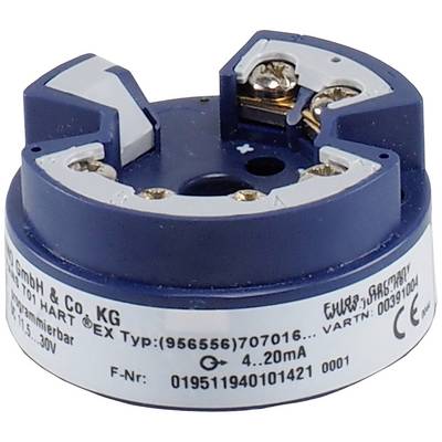 Ein runder elektrischer Sensor mit blauer und silberner Beschriftung zeigt technische Spezifikationen und Anschlüsse.