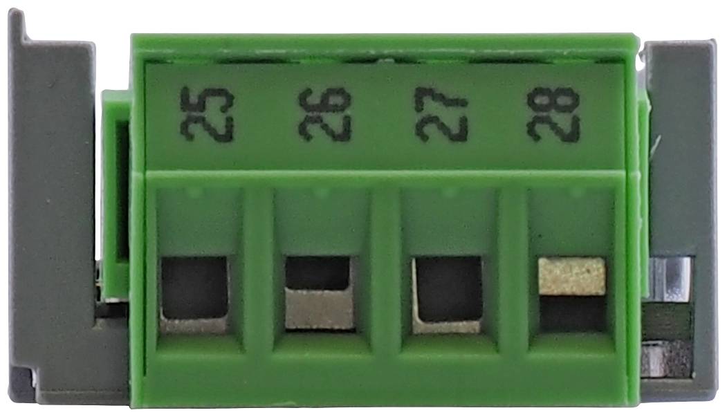 Grüner Steckverbinder mit vier nummerierten Anschlussklemmen, beschriftet mit '25', '26', '27', '28'.
