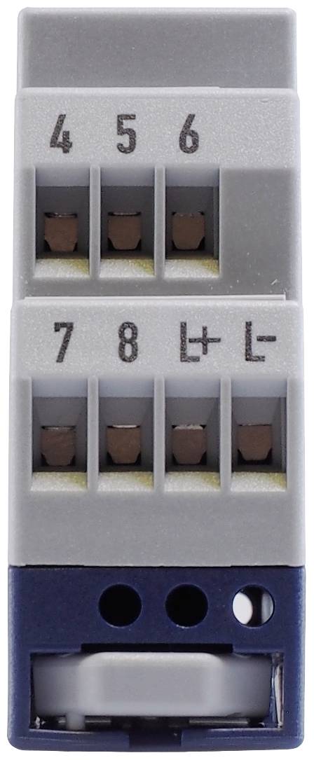 Grauer elektrischer Anschlussblock mit nummerierten Anschlüssen von 4 bis 8, darunter Symbole '+' und '-'. Beinhaltet ein blaues Basisstück.