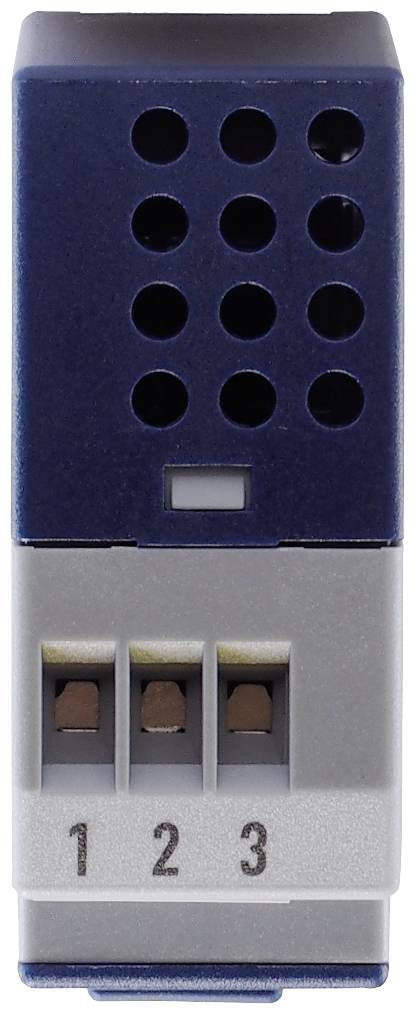 Elektronisches Bauteil mit Lüftungslöchern oben, drei nummerierten Anschlüssen unten. Hauptsächlich in blau und grau gehalten.