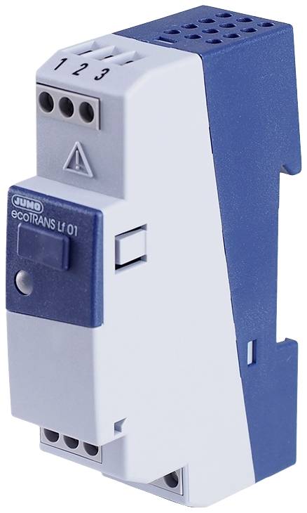 Ein blau-weißes elektrische Gerät mit der Aufschrift 'ecotrans Lf 01', das vermutlich zur Verwendung in Steuer- und Regeltechnik dient.
