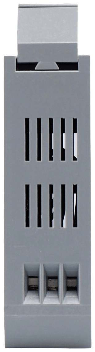 Ein graues elektronisches Gerät mit Lüftungsschlitzen und Anschlüssen unten, möglicherweise ein technisches Modul für Steuerungen.