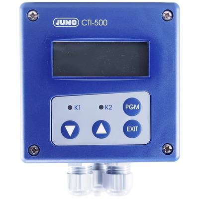 Ein blaues elektronisches Steuergerät mit Bildschirm und vier Tasten: 'K1', 'K2', 'PGM', 'EXIT'. Modell: JUMO CTI-500.