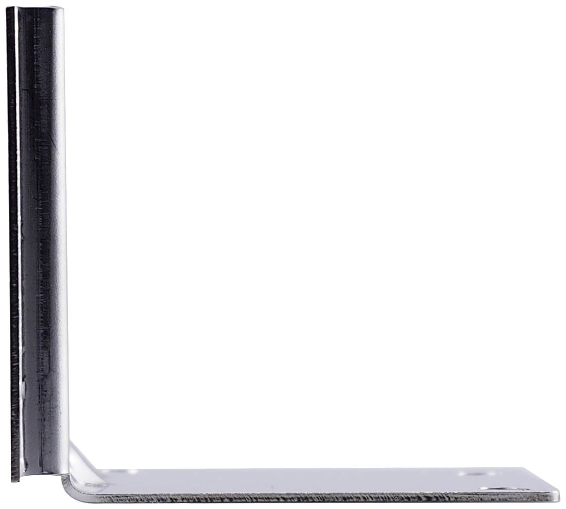 L-förmiger Metallwinkel mit zwei Ebenen und Bohrlöchern, häufig zur Stabilisierung oder Verbindung von Konstruktionsteilen verwendet.