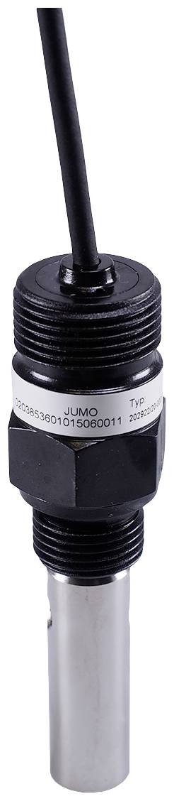 Ein industrieller Sensor mit Kabelanschluss. Der obere Teil ist schwarz, unten ein silberner Metallabschnitt. Text 'JUMO' sichtbar.