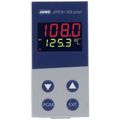 Temperaturregler 'JUMO dTRON 308 plast' mit digitaler Anzeige: zeigt 108,0 in rot und 125,3 °C in grün. Buttons für PGM und EXIT.