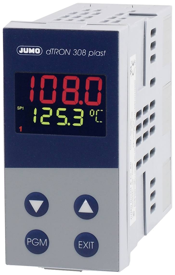 'JUMO dTRON 308 plast' digitales Anzeigegerät, zeigt 108.0 und 125.3°C an. Gerät hat Tasten für Menü (PGM) und Beenden (EXIT).