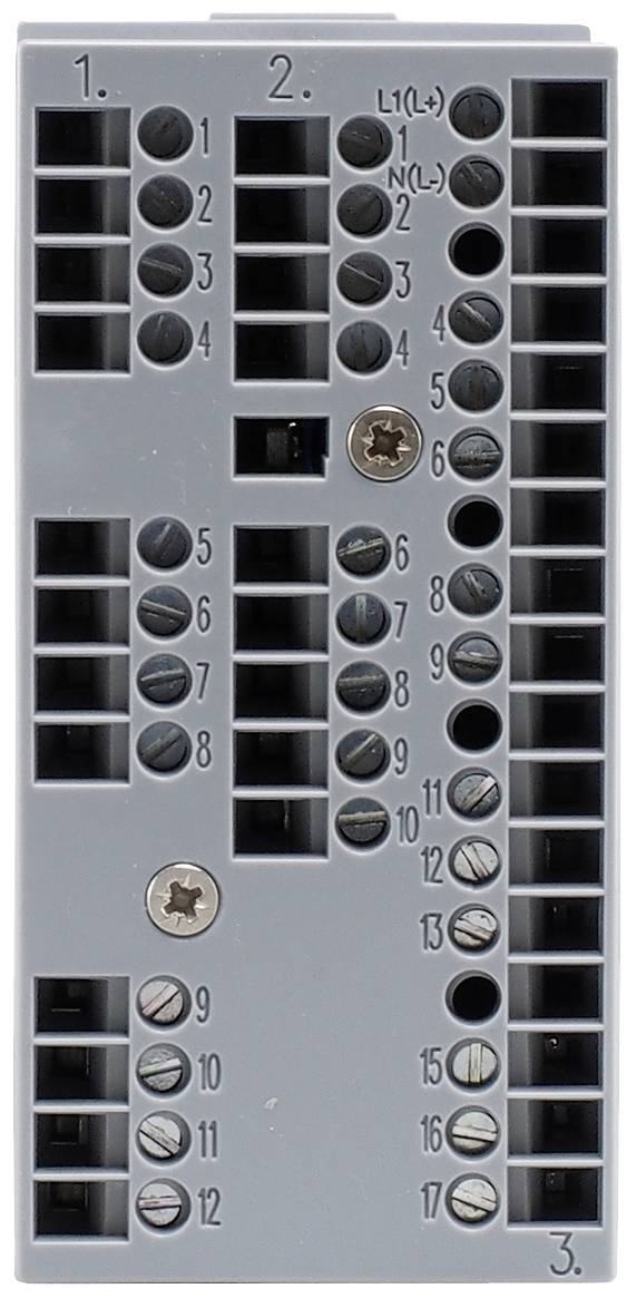 Das Bild zeigt eine graue, rechteckige elektronische Anschlussklemme mit nummerierten Schraubanschlüssen und zwei Befestigungsschrauben.
